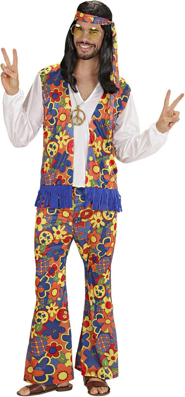 W WIDMANN MILANO Party Fashion - Disfraz Hippie Hombre, camisa con chaleco, pantalón, pañuelo en la cabeza, collar con medallón, carnaval, fiesta temática
